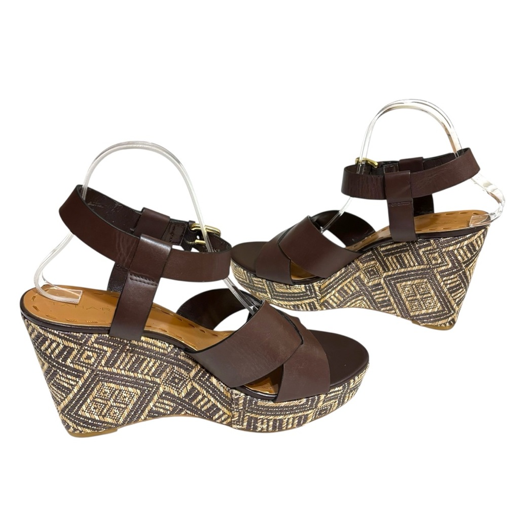 Tahari platform wedges Stevie leather strappy geometric woven sandal size 10 - Picture 6 of 11